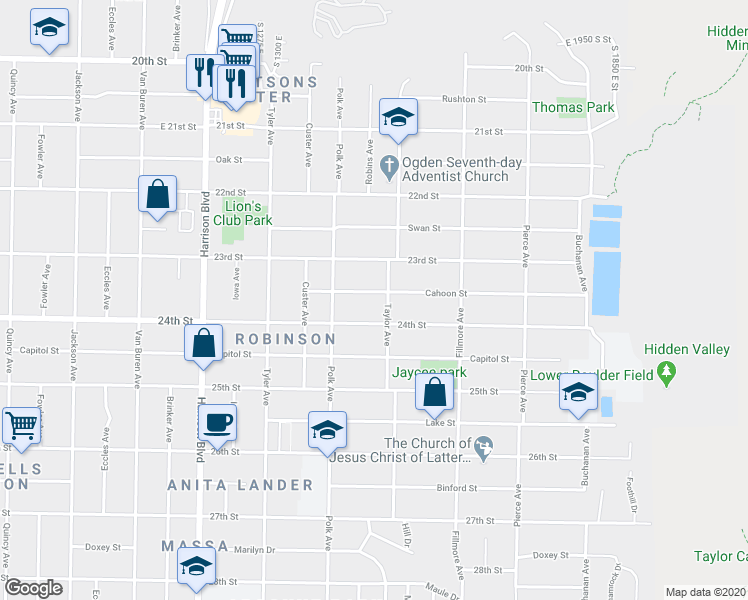 map of restaurants, bars, coffee shops, grocery stores, and more near 1475 Cahoon Street in Ogden