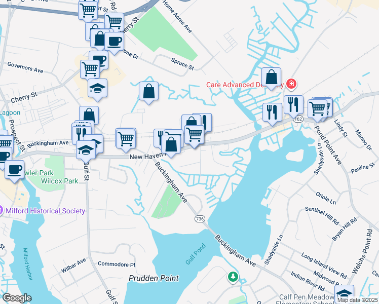 map of restaurants, bars, coffee shops, grocery stores, and more near 363 New Haven Avenue in Milford