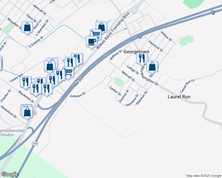 map of restaurants, bars, coffee shops, grocery stores, and more near 303 Center Street in Wilkes-Barre Township