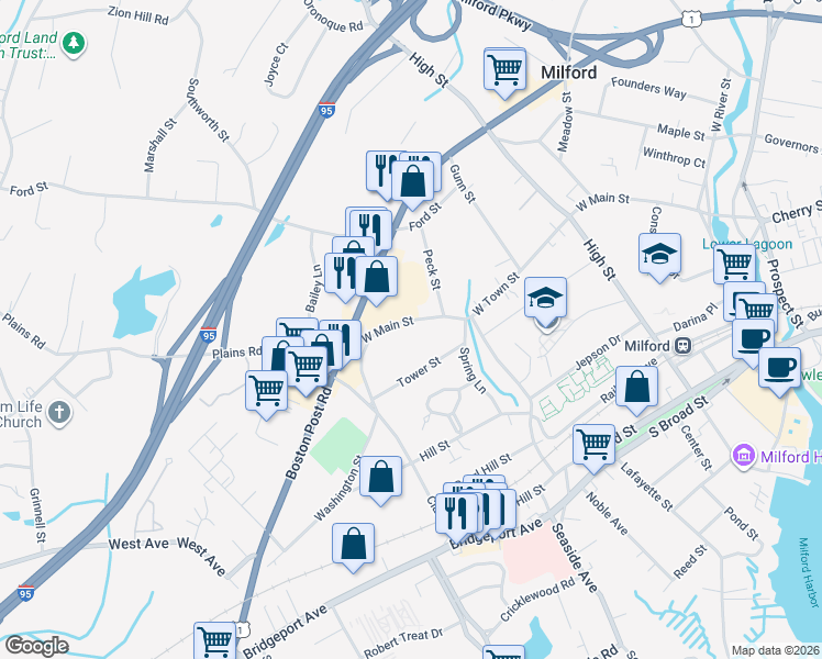map of restaurants, bars, coffee shops, grocery stores, and more near 305 West Main Street in Milford