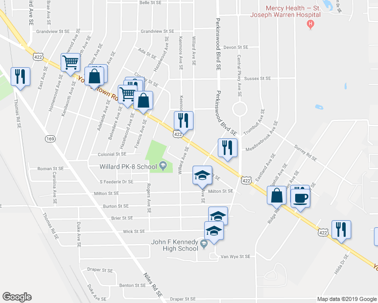 map of restaurants, bars, coffee shops, grocery stores, and more near 1543 Willard Avenue Southeast in Warren