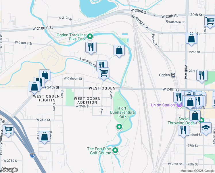map of restaurants, bars, coffee shops, grocery stores, and more near 526 West 24th Street in Ogden