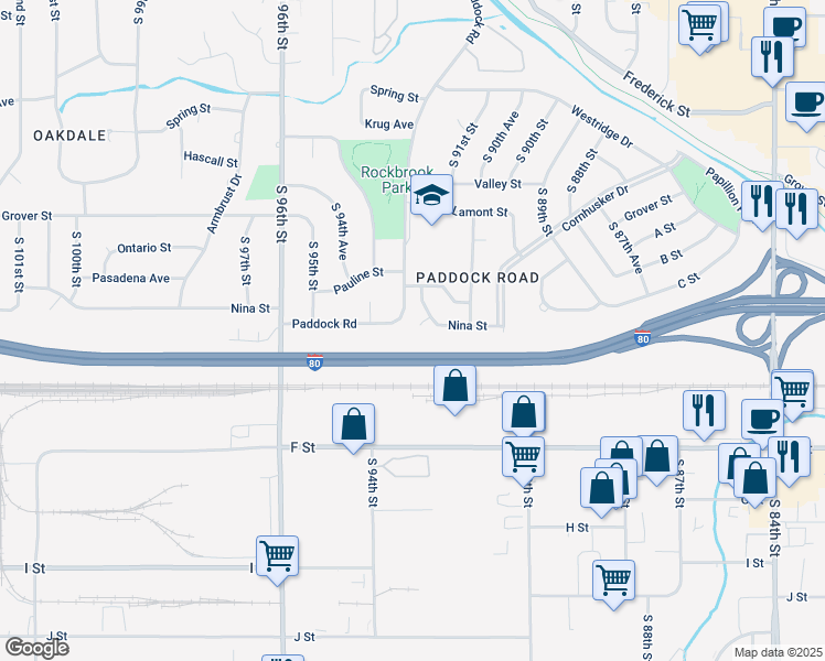 map of restaurants, bars, coffee shops, grocery stores, and more near 9221 Adel Circle in Omaha