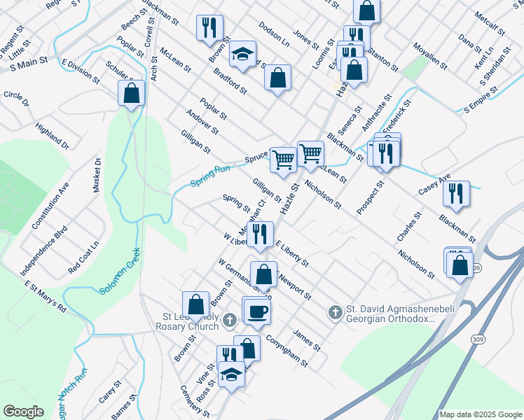 map of restaurants, bars, coffee shops, grocery stores, and more near 27 Monahan Court in Wilkes-Barre