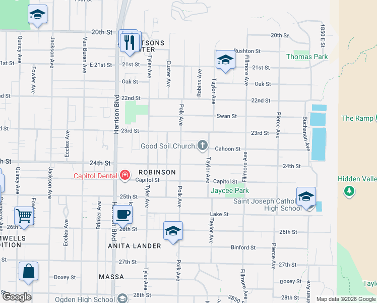 map of restaurants, bars, coffee shops, grocery stores, and more near 1423 Cahoon Street in Ogden