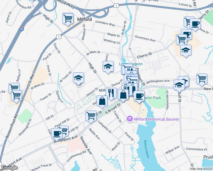 map of restaurants, bars, coffee shops, grocery stores, and more near 51 Darina Place in Milford
