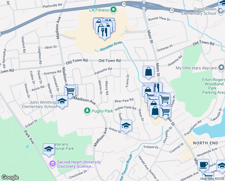 map of restaurants, bars, coffee shops, grocery stores, and more near 10 Marcy Road in Bridgeport