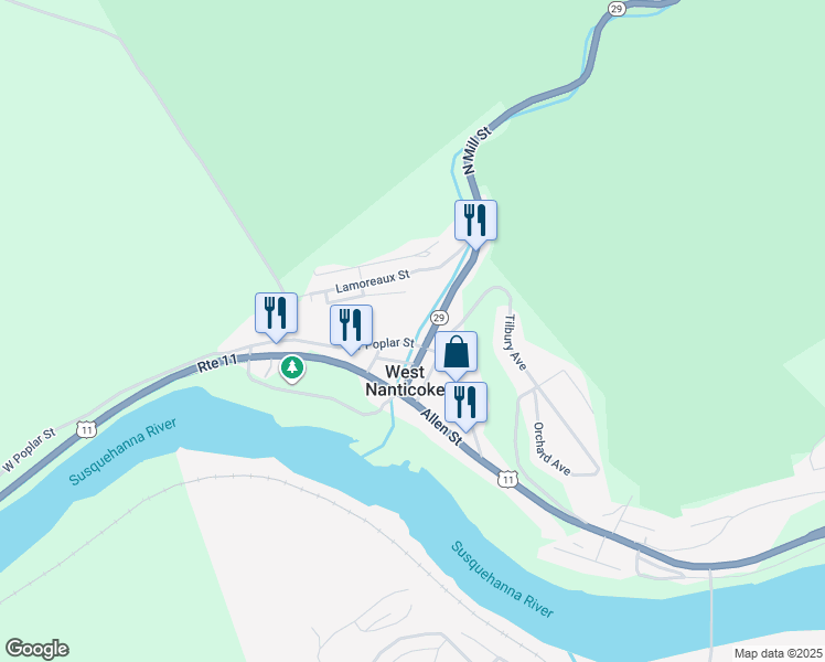 map of restaurants, bars, coffee shops, grocery stores, and more near 23-25 West Poplar Street in Nanticoke