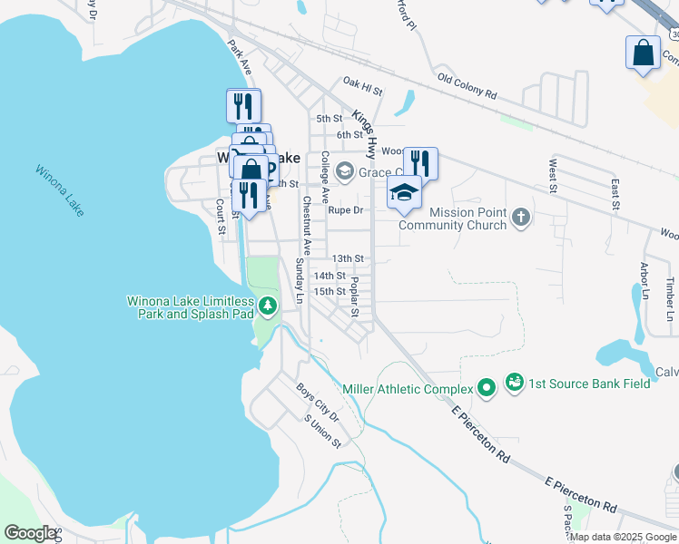 map of restaurants, bars, coffee shops, grocery stores, and more near 202 14th St in Winona Lake