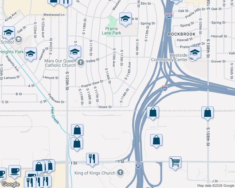 map of restaurants, bars, coffee shops, grocery stores, and more near 3705 South 116th Street in Omaha