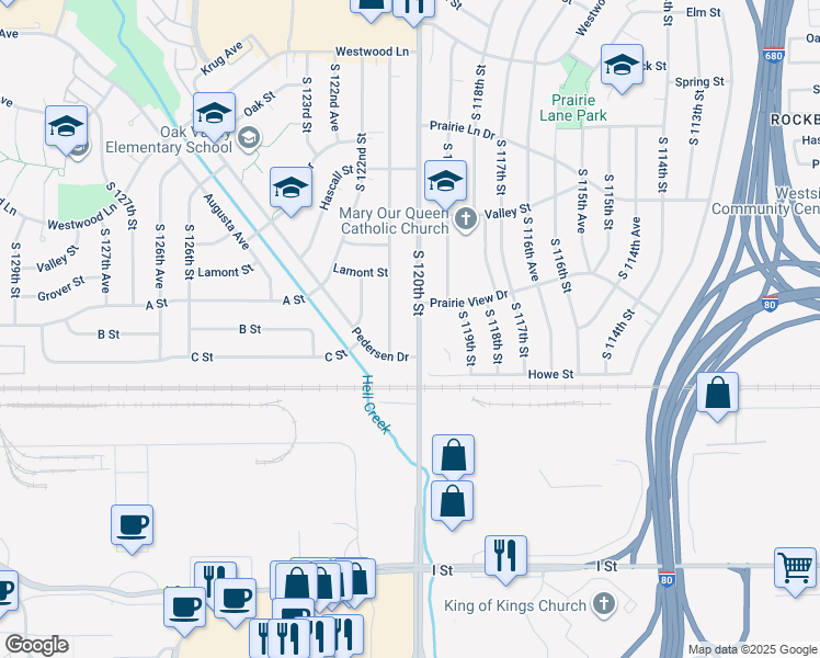 map of restaurants, bars, coffee shops, grocery stores, and more near 3622 South 120th Street in Omaha