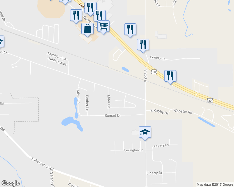 map of restaurants, bars, coffee shops, grocery stores, and more near 1404 Wooster Road in Winona Lake