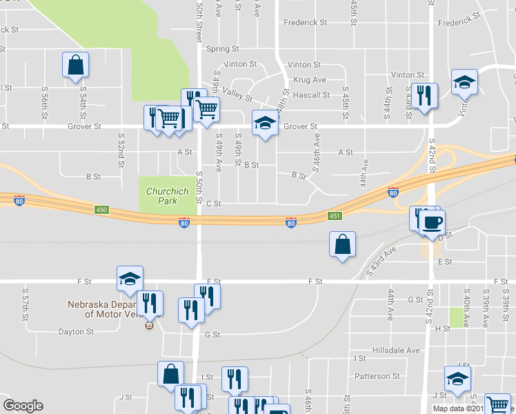 map of restaurants, bars, coffee shops, grocery stores, and more near 4833 C St in Omaha