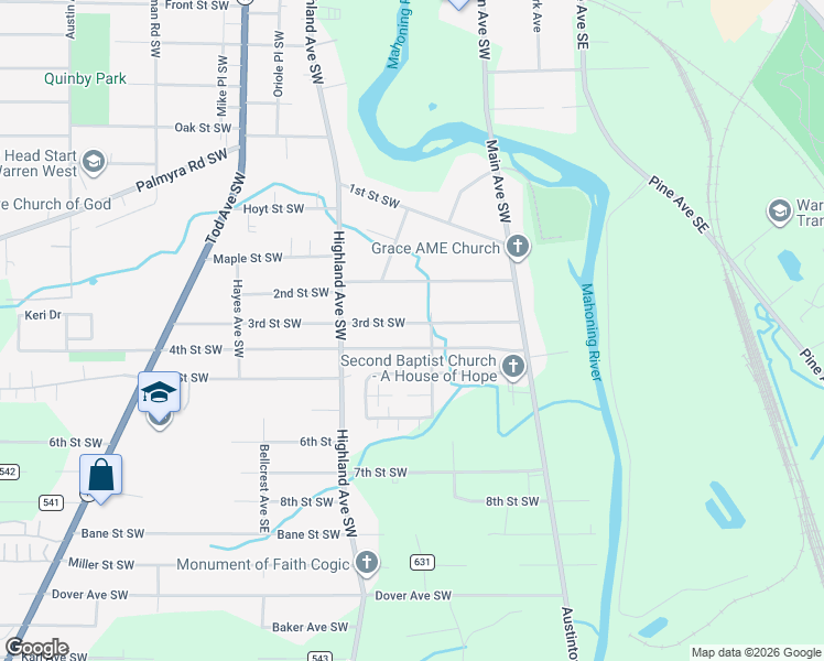map of restaurants, bars, coffee shops, grocery stores, and more near 460 4th Street Southwest in Warren
