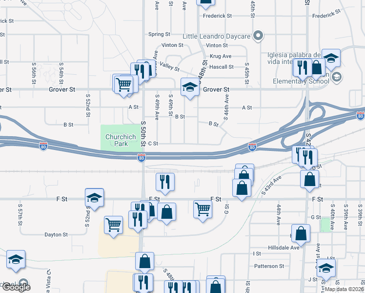 map of restaurants, bars, coffee shops, grocery stores, and more near 4833 C Street in Omaha