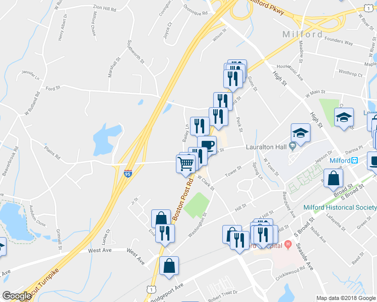 map of restaurants, bars, coffee shops, grocery stores, and more near 17 Bailey Lane in Milford