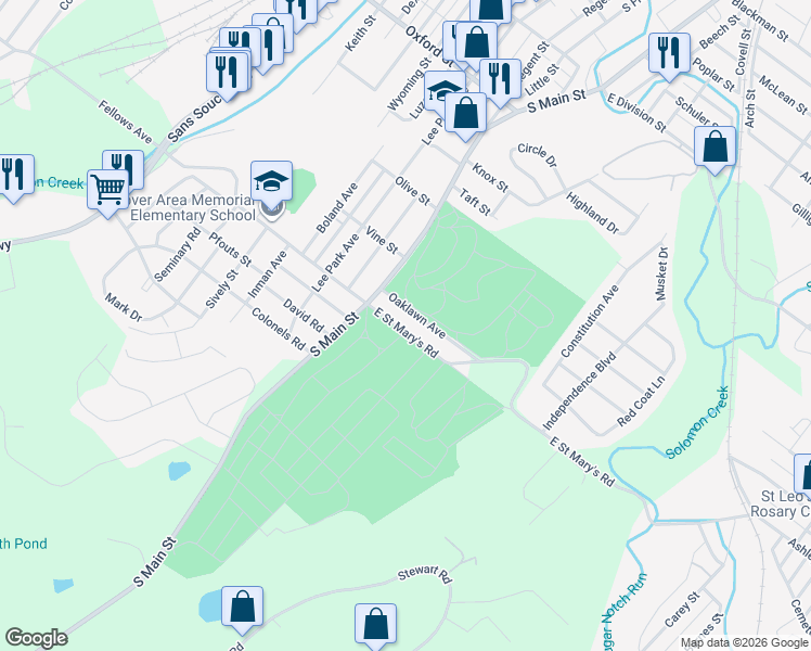 map of restaurants, bars, coffee shops, grocery stores, and more near 1-99 E St Marys Rd in Wilkes-Barre