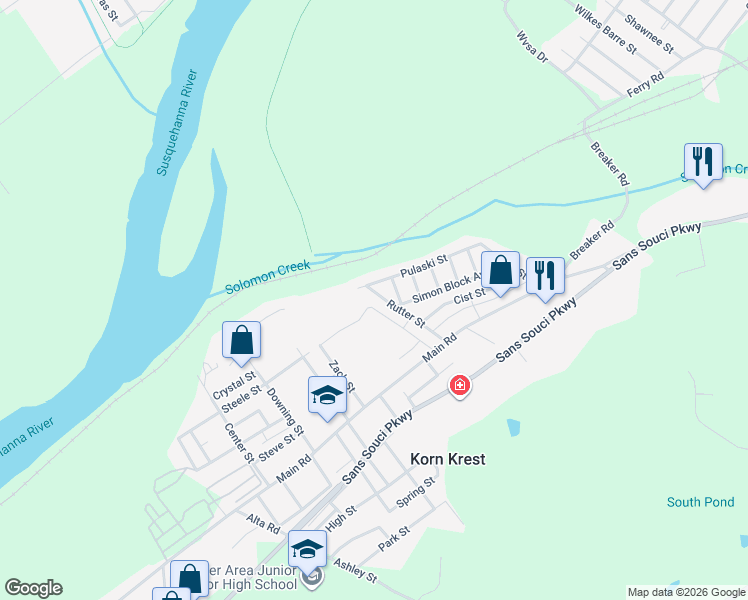 map of restaurants, bars, coffee shops, grocery stores, and more near 27 Rutter Street in Wilkes-Barre