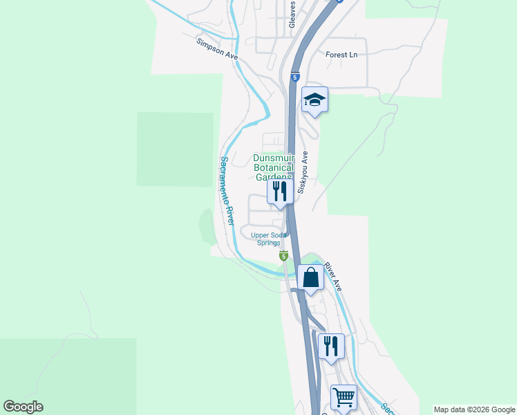 map of restaurants, bars, coffee shops, grocery stores, and more near 4314 Pioneer Way in Dunsmuir