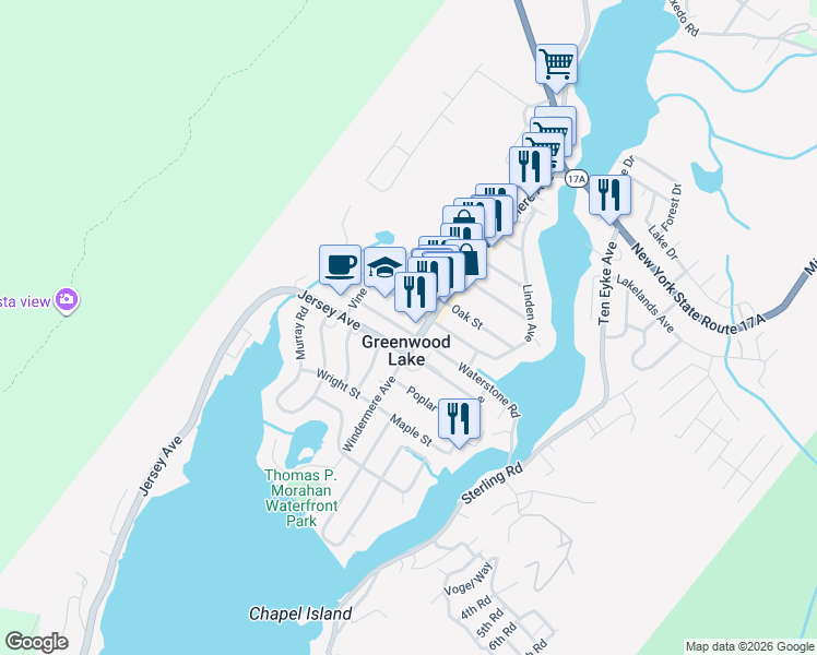 map of restaurants, bars, coffee shops, grocery stores, and more near 74 Windermere Avenue in Greenwood Lake