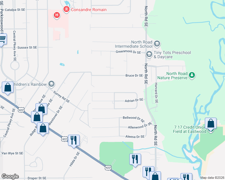 map of restaurants, bars, coffee shops, grocery stores, and more near 3919 Fairlawn Heights Drive Southeast in Warren