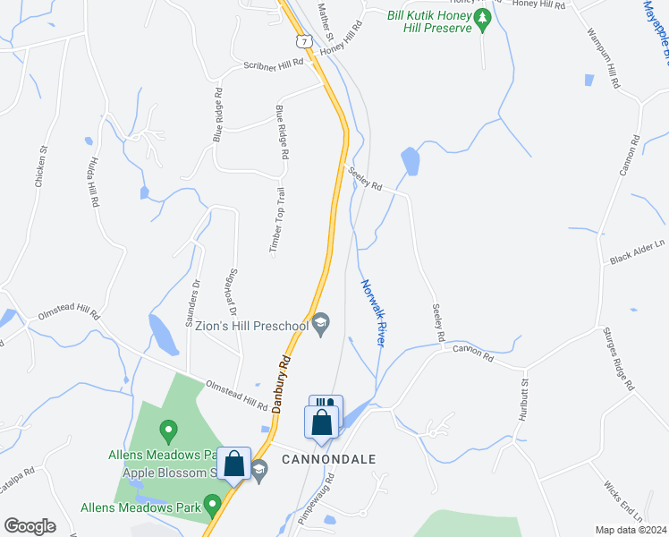 map of restaurants, bars, coffee shops, grocery stores, and more near 490 Danbury Road in Wilton