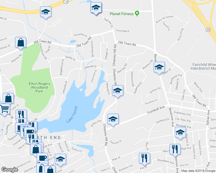 map of restaurants, bars, coffee shops, grocery stores, and more near 130 Lakeside Drive in Bridgeport