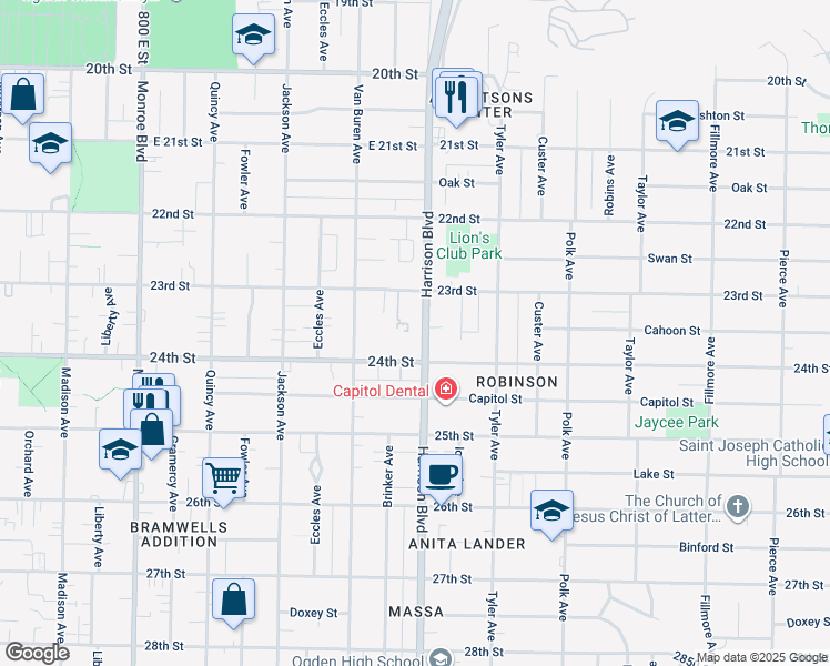 map of restaurants, bars, coffee shops, grocery stores, and more near 2388 Harrison Boulevard in Ogden