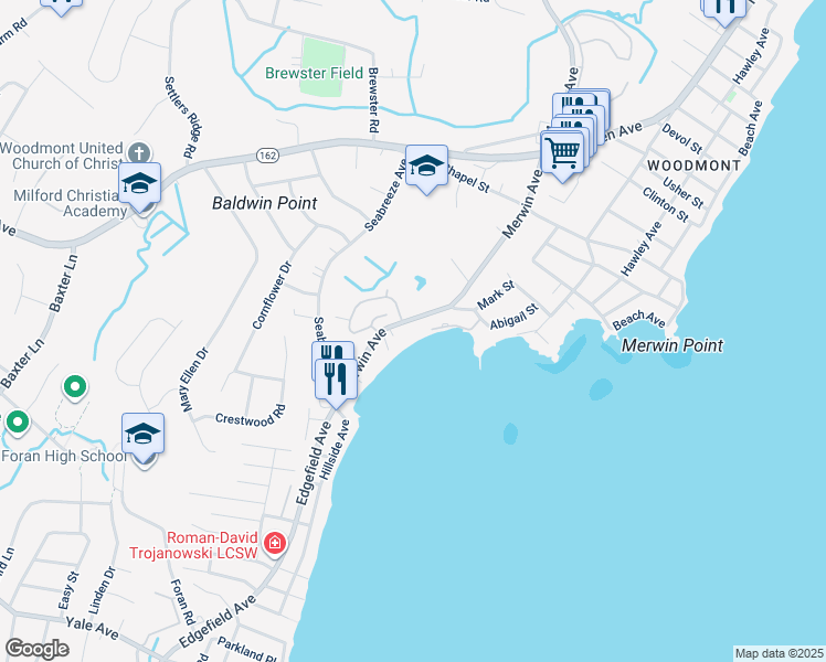 map of restaurants, bars, coffee shops, grocery stores, and more near 105 Merwin Avenue in Milford