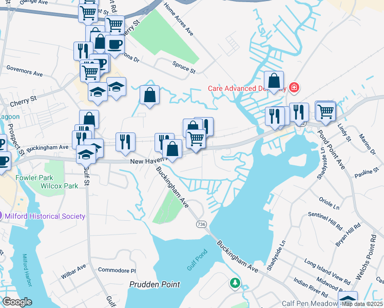 map of restaurants, bars, coffee shops, grocery stores, and more near 363 New Haven Avenue in Milford