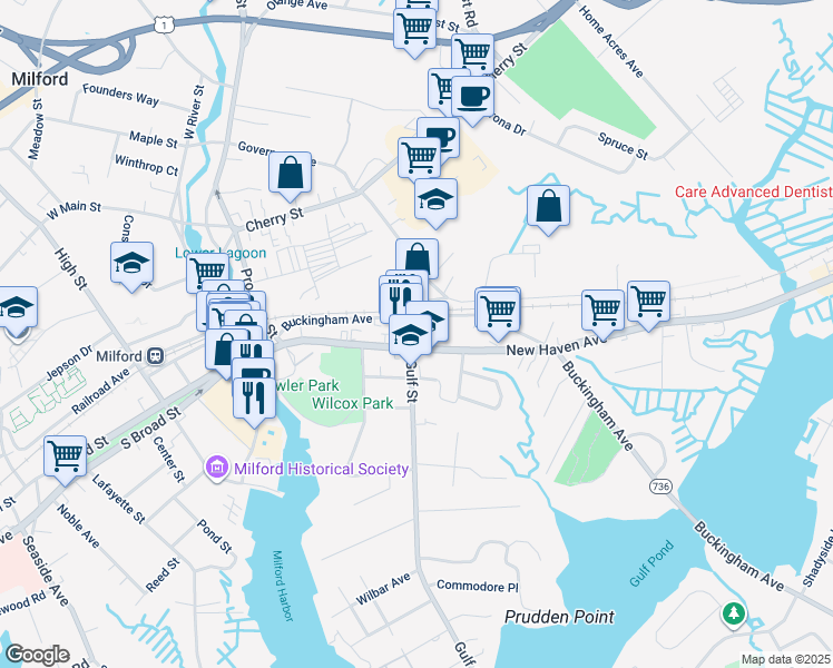 map of restaurants, bars, coffee shops, grocery stores, and more near 97 Buckingham Avenue in Milford