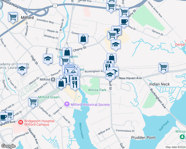 map of restaurants, bars, coffee shops, grocery stores, and more near 103 New Haven Avenue in Milford
