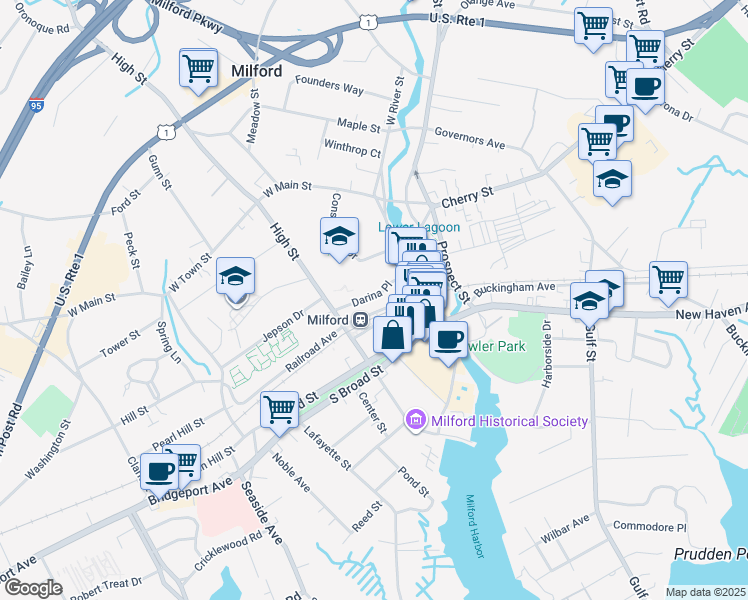 map of restaurants, bars, coffee shops, grocery stores, and more near 1 Railroad Avenue in Milford