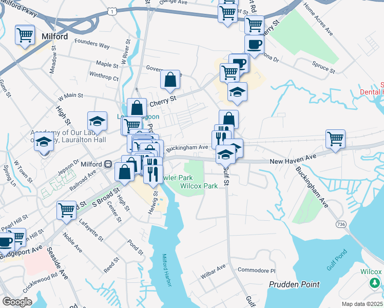 map of restaurants, bars, coffee shops, grocery stores, and more near 103 New Haven Avenue in Milford