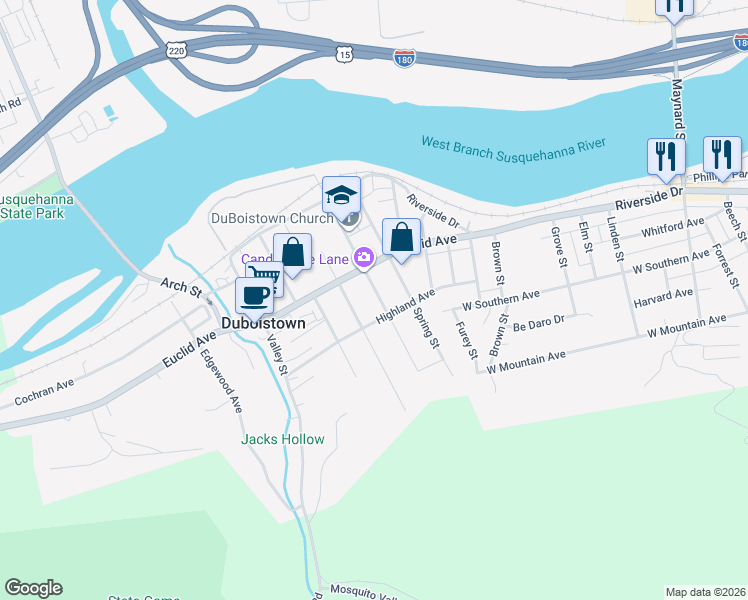 map of restaurants, bars, coffee shops, grocery stores, and more near 201-299 Winter Street in Duboistown