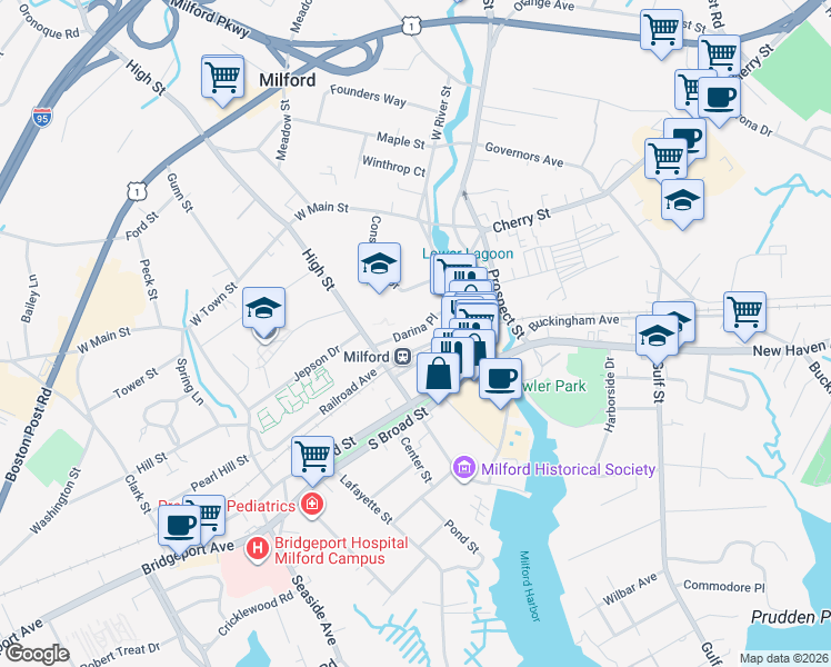 map of restaurants, bars, coffee shops, grocery stores, and more near 1 Railroad Avenue in Milford