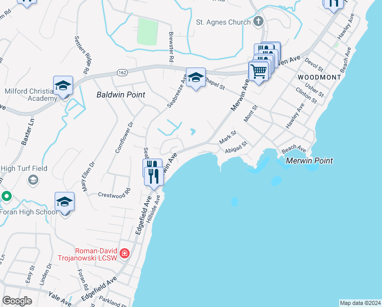 map of restaurants, bars, coffee shops, grocery stores, and more near 105 Merwin Avenue in Milford