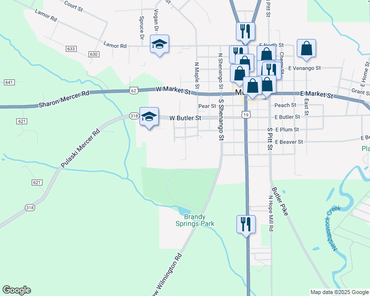 map of restaurants, bars, coffee shops, grocery stores, and more near 340 Park Street in Mercer