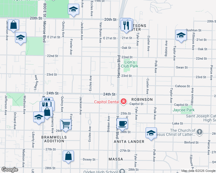 map of restaurants, bars, coffee shops, grocery stores, and more near 1132 24th Street in Ogden
