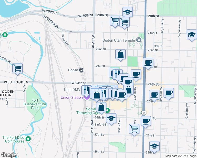 map of restaurants, bars, coffee shops, grocery stores, and more near 130 West 24th Street in Ogden