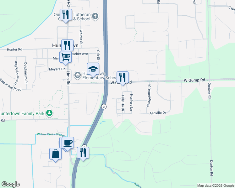 map of restaurants, bars, coffee shops, grocery stores, and more near 15079 Carmel Lane in Huntertown