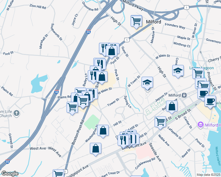 map of restaurants, bars, coffee shops, grocery stores, and more near 339 West Main Street in Milford