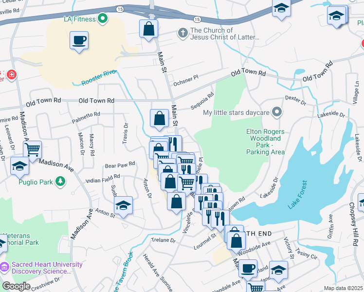 map of restaurants, bars, coffee shops, grocery stores, and more near 4640 Main Street in Bridgeport