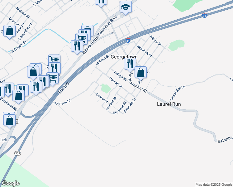 map of restaurants, bars, coffee shops, grocery stores, and more near 23 Seymour Street in Wilkes-Barre Township