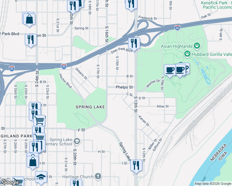 map of restaurants, bars, coffee shops, grocery stores, and more near 1413 C Street in Omaha