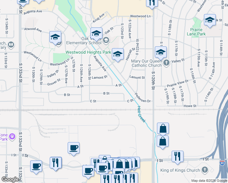 map of restaurants, bars, coffee shops, grocery stores, and more near 12339 B Street in Omaha