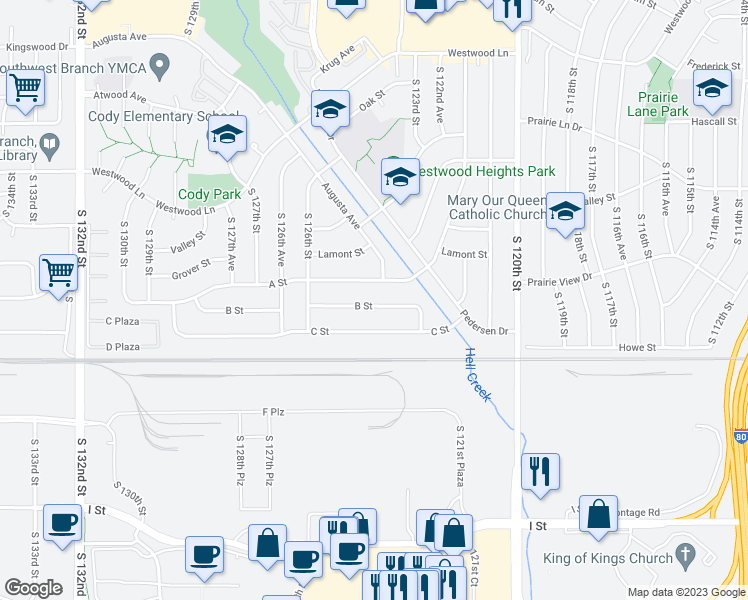 map of restaurants, bars, coffee shops, grocery stores, and more near 12339 B Street in Omaha
