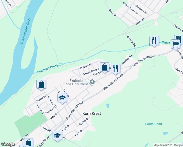 map of restaurants, bars, coffee shops, grocery stores, and more near 68 Simon Block Avenue in Wilkes-Barre