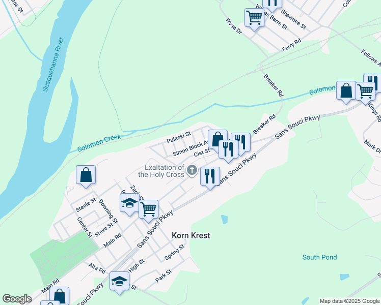 map of restaurants, bars, coffee shops, grocery stores, and more near 68 Simon Block Avenue in Wilkes-Barre