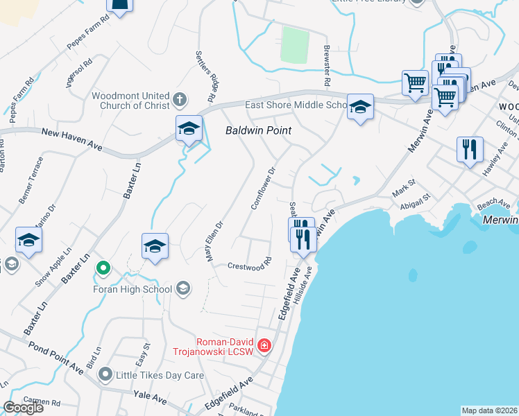 map of restaurants, bars, coffee shops, grocery stores, and more near 32 Crestwood Road in Milford